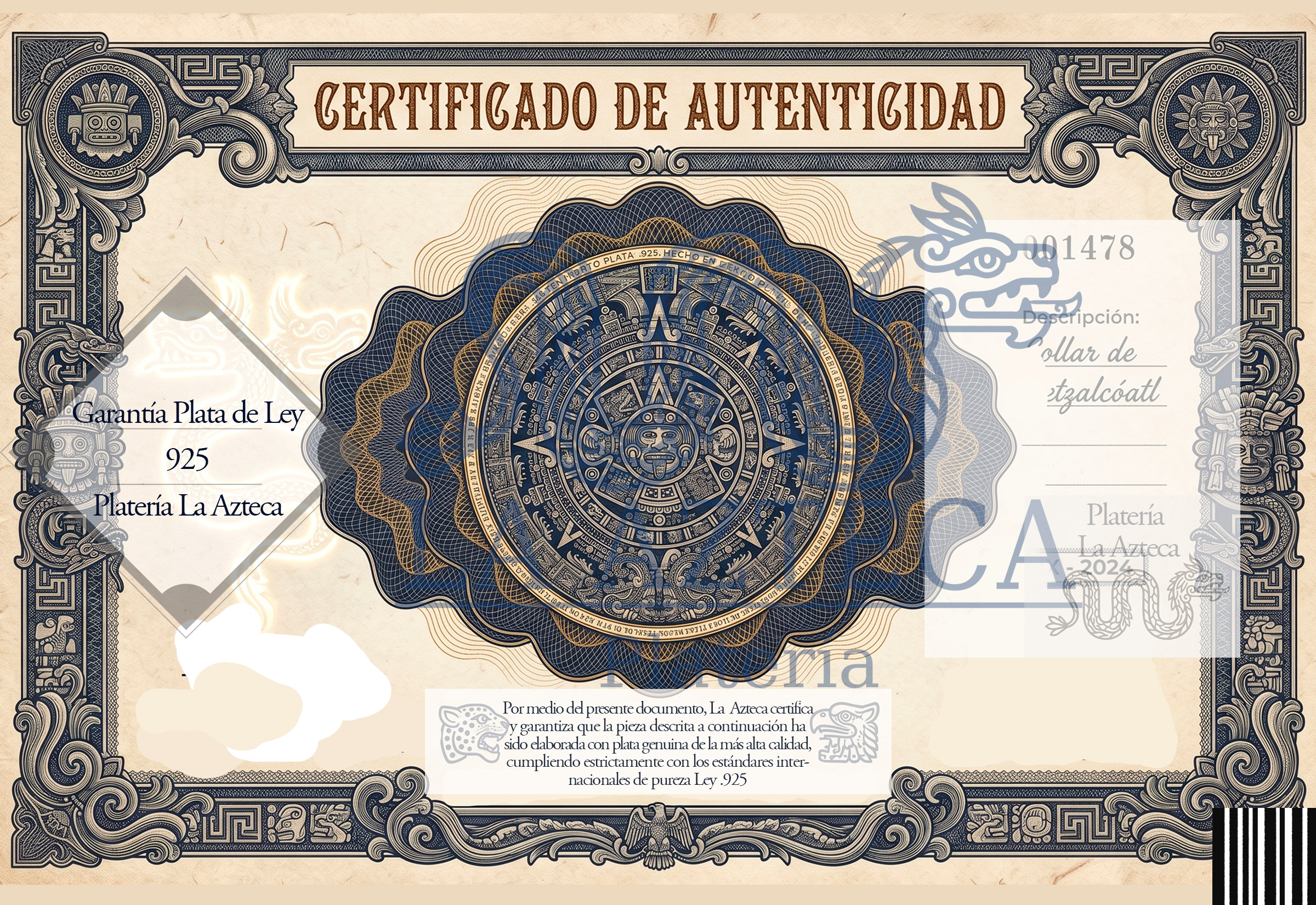 Certificado de Autenticidad Calendario Azteca — Platería Mexicana .925