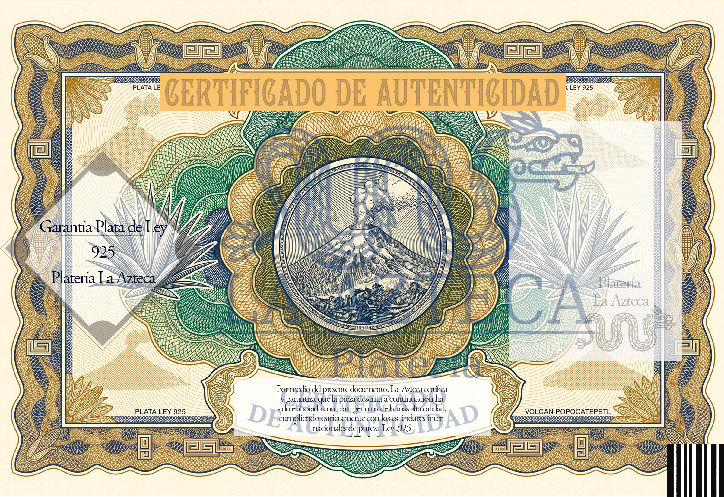 Certificado de Autenticidad Popocatépetl — Platería Mexicana .925